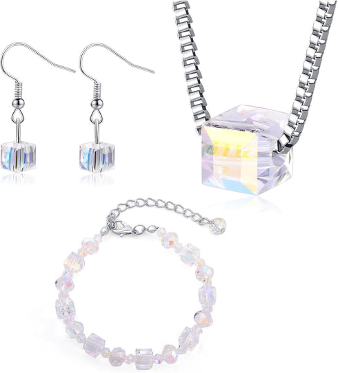4 Pieces Fashion Colorful Starlight Crystal Rhinstone Pendant Necklace Earring Bracelet Jewelry Set for Women Lady Wedding Birthday Party...