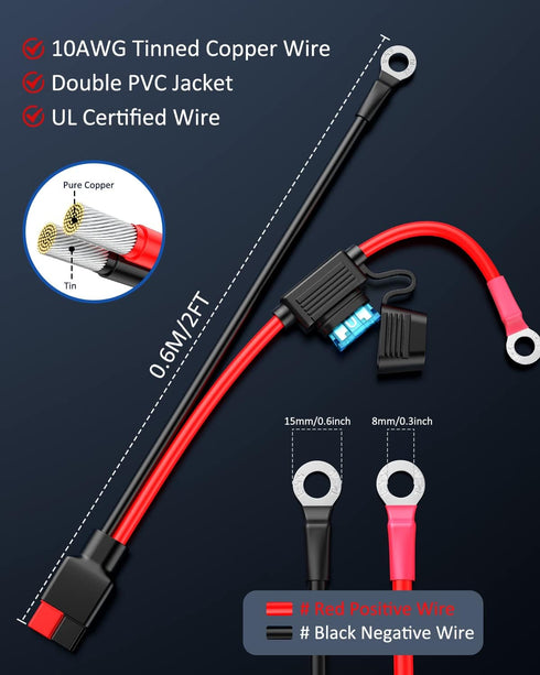 ELECTOP 45A Connector to O Ring Terminal, Compatible with Ads Port Adapter 10AWG Battery Connector Cable with 15A/20A Protection Fuse for Automoti...