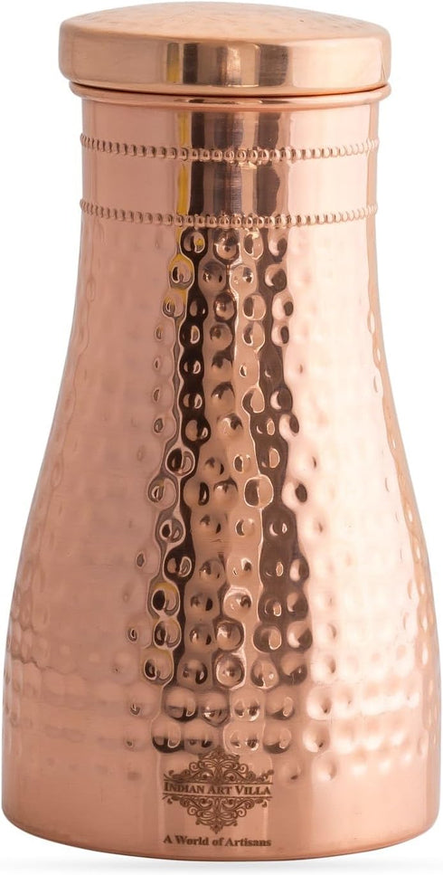 Indian Art Villa Pure Copper Bedroom Water Bottle With Inbuilt Glass & Hammered Shine Design, Drinkware, Storage Purpose, Volume-32 Oz...