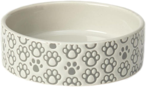 PetRageous 18428 Paws Shallow Round Stoneware Dog Bowl 5-Inch Width and 1.5-Inch Height 1.5-Cups Capacity, Grey...
