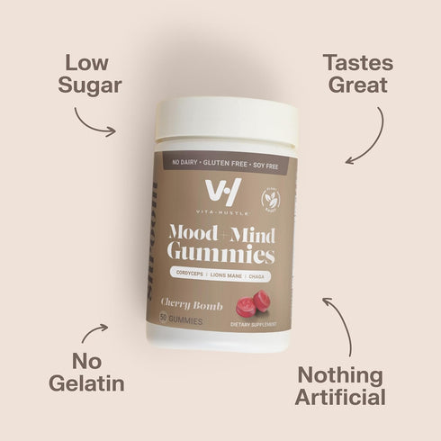 VitaHustle Super Mushroom Mood + Mind Focus Gummies, Lions Mane Mushrooms, Reishi, Chaga, Cordyceps, Vegan, Low Sugar, Non GMO, Cherry Flavor, 50 ...