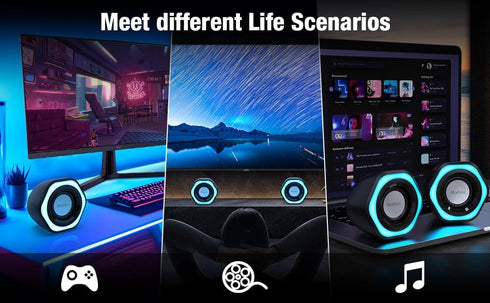 Computer PC Speakers USB Powered 3.5mm AUX Jack Volume Control Ice-Blue LED Light HiFi Stereo Sound Quality Mini Gaming Desktop Monitors Laptops S...