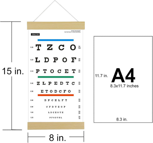 Eye Chart, Snellen Eye Chart for Eye Exams 10 Feet with Wood Frame 8x15 Inches, Canvas Low Vision Eye Test Wall Chart with Color Bars for Color Vi...