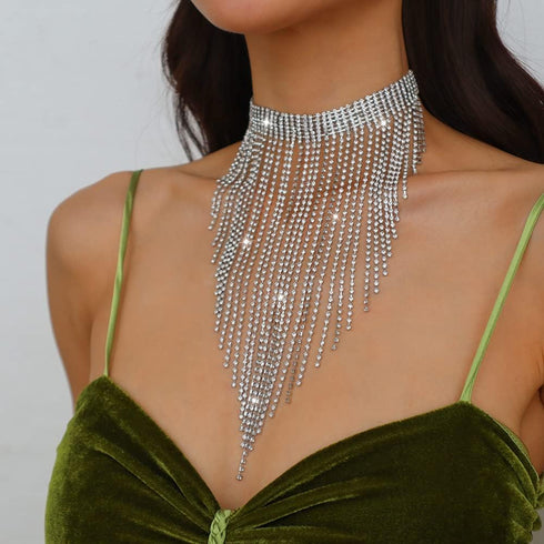 Fashion Women Sexy Rhinestone Bib Choker Necklace Tassel Long Chain Necklace...