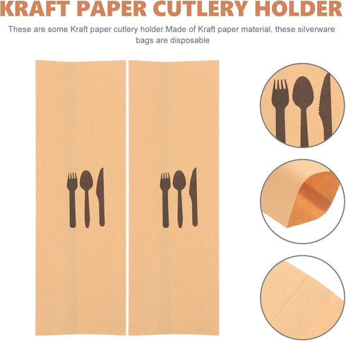 Brown Kraft Paper Bags 100pcs Disposable Silverware Flatware Paper Sleeves Kitchen Cutlery Utensils Holder for Christmas Party Table Decorations S...