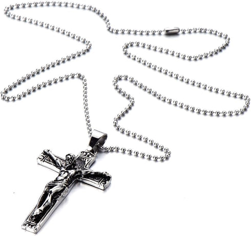 COOLSTEELANDBEYOND Stainless Steel Gothic Crucifix Cross Necklace Pendant Necklace with 30 Inches Steel Ball Chain...