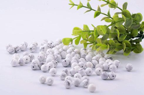 Natural Stone Beads 100pcs 10mm White Howlite Round Genuine Real Stone Beading Loose Gemstone Hole Size 1mm DIY Charm Smooth Beads for Bracelet Ne...