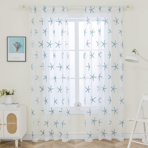Embroidered Teal Starfish Sheer Curtains for Living Room 84 inches Long Rod Pocket Retro Voile Window Curtains Drapes for Bedroom 52 x 84 Inch 1 P...