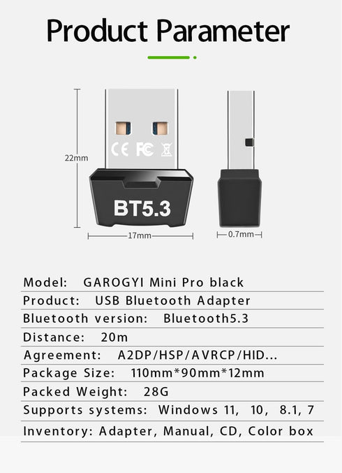 USB Bluetooth 5.3 Adapter for PC, Supports Windows 11/10/8.1/7,5.3+EDR Bluetooth Wireless Transmitter Receiver for Desktop, Laptop, Mouse, Keyboar...