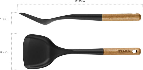 STAUB Wok Spatula, Perfect for Scooping, Flipping, Stirring, and Turning Stir Fries, One Size, Durable BPA-free Matte Black Silicone, Acacia Wood ...