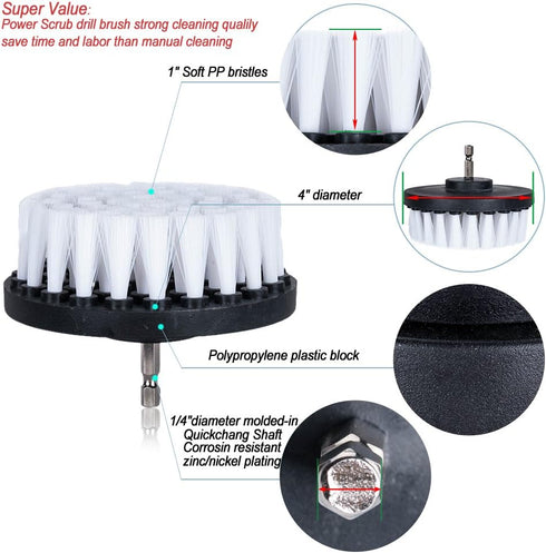 HIFROM Drill Brush - 4 inch Power Drill Attachment Soft Bristle White Quick Change Shaft Scrub Cleaning Brush for Carpet, Upholstery, Leather, Gla...
