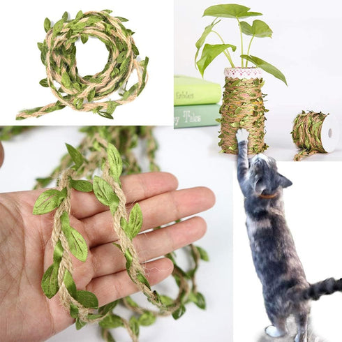 Hemp Rope for Cat Scratch Post Tree Replacement - Cat Scratcher Accessories with Artificial Leaves/Home Vine Ribbon Decoration for Art & Crafts...