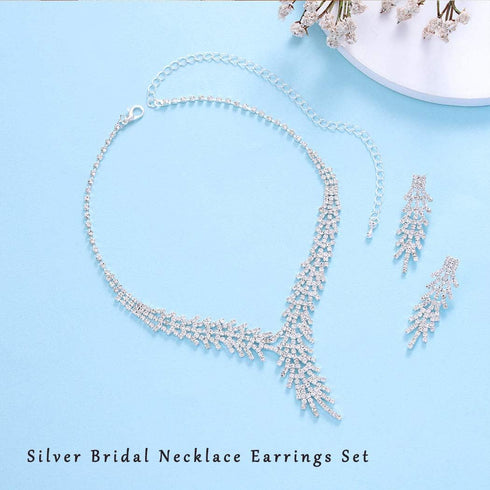 Unicra Bride Silver Necklace Earrings Set Crystal Bridal Wedding Jewelry Set Rhinestone Bridesmaid Party Choker Necklace Drop Dangle Earrings Sets...