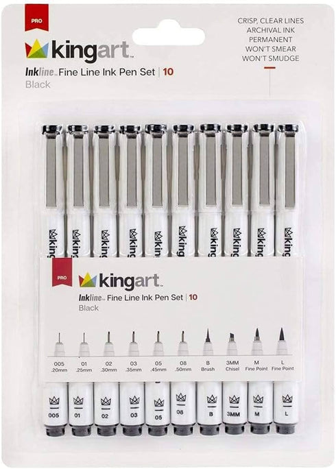 KINGART 430-10 PRO Inkline Black Micro Line & Precision Graphic Pens, 10 Assorted Nibs, BLACK Archival Waterproof Japanese Ink for Art, Illustrati...