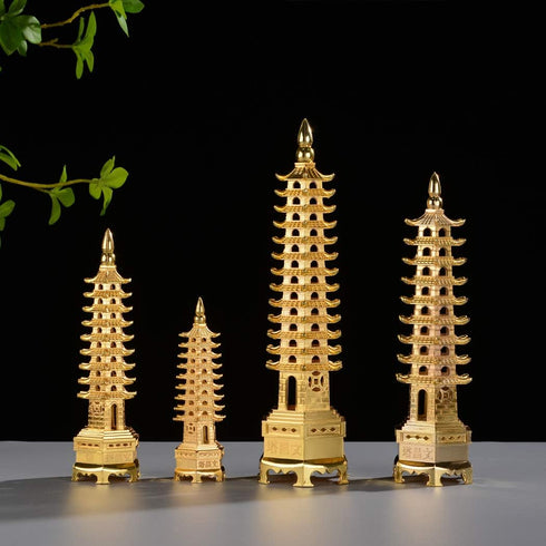 BRABUD 7'' Alloy Fengshui 9 Level Pagoda Wenchang Tower Statue Protection Business Rises Desk Decor Collectible Golden Color ZD112...