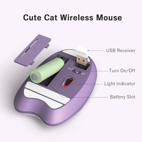Cute Cat Wireless Mouse, 2.4GHz Wireless Silent Mouse, USB Receiver Plug and Play, 3 Adjustable DPI, Compatible with Notebook, PC, Laptop, Compute...