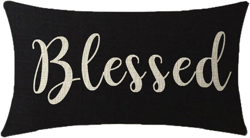 Nice Gift Inspirational Blessed Letters Words Waist Lumbar Black Cotton Linen Throw pillow case Cushion cover for Sofa home decorative Oblong 12x2...