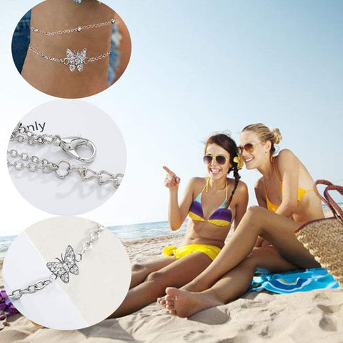 Butterfly Anklets For Women Silver Rhinestone Decor Bead Chain Cute Dainty Trendy Adjustable Layered Butterfly Anklet Bracelet Foot Chain Jewelry ...
