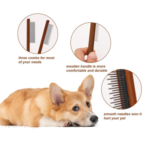 2pcs Grooming Comb for Pets, Solid Wood Cat Combs with Narrow Rounded-Tip Steel Teeth Pet Hair Comb Metal Flea Lice Comb for Cats Dogs Small & Med...