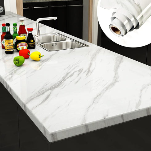 YENHOME White Marble Contact Paper for Countertops Self Adhesive Counter Top Covers Glossy Marble Countertop Peel and Stick Waterproof Decorative ...