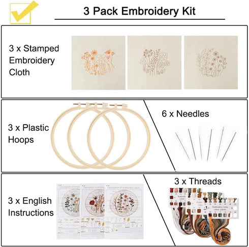 3 Pack Embroidery Starter Kit for Beginners Stamped Cross Stitch Kits with Cute Flowers and Plants Patterns with Embroidery Hoops and Color Thread...