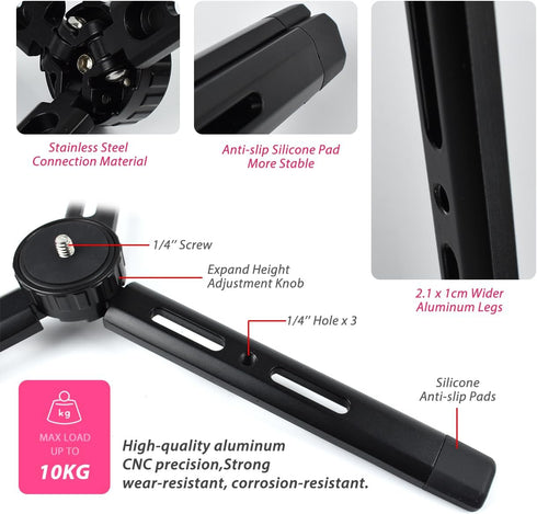 Adjustable Aluminum Mini Tripod, Desktop Tabletop Tripod Stand for DSLR Cameras, Zhiyun Weebill/Smooth/Crane, DJI Ronin S/SC/RSC/RS,Osmo Mobile,St...