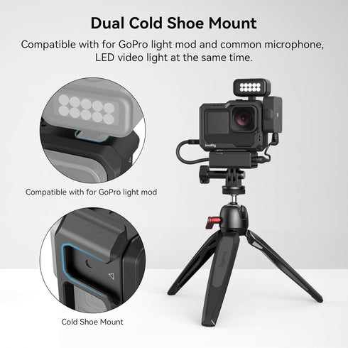 SmallRig Hero12 / Hero11 / Hero 10 / Hero 9 Black Cage for GoPro, with 2 Cold Shoe Mount for GoPro Light Mod and Common Microphone, Led Video Ligh...