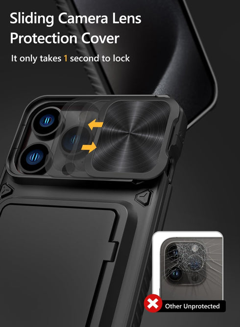 Vihibii for iPhone 15 Pro Max Case with Card Holder (4 Cards) & Slide Camera Cover & Kickstand, Military Grade Drop Protection, Rugged Hard Back &...