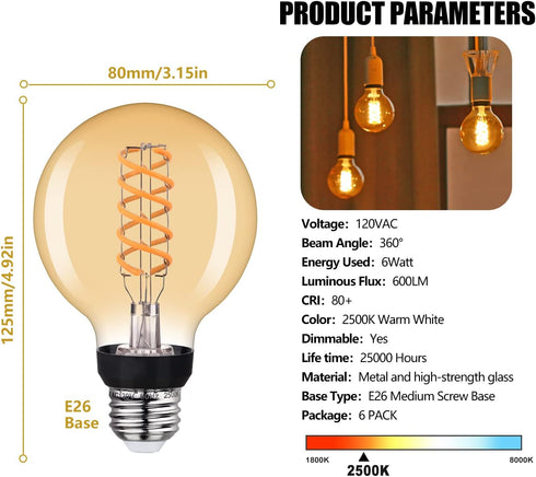 G25(G80) LED Globe Vintage Edison Bulbs, Antique Flexible Spiral LED Filament Light Bulb, 6W Equivalent to 60W, 600LM, Warm White 2500K, E26 Base,...