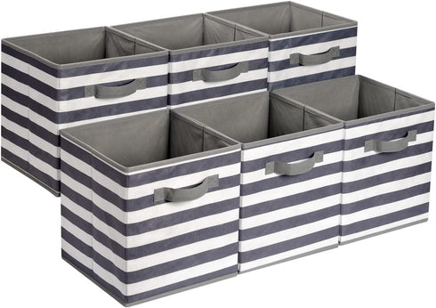 Amazon Basics Collapsible Fabric Storage Cube Organizer with Handles, 10.5 x 10.5 x 11 Inch, White/ Light Grey Stripe - Pack of 6...