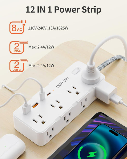 Power Strip Surge Protector, 5FT Braided Extension Cord with Multiple Outlets-8 AC Outlets 4 USB Ports (2 USB C), Flag Plug Charging Station, 1700...
