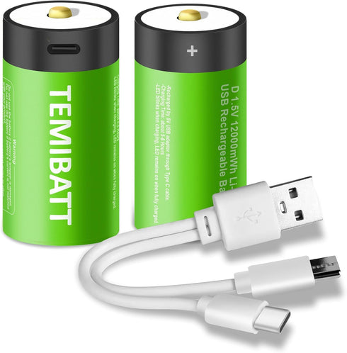 Rechargeable D Batteries, 2-Pack 1.5 Volt 12000mWh Li-ion D Battery for Household and Office Devices...