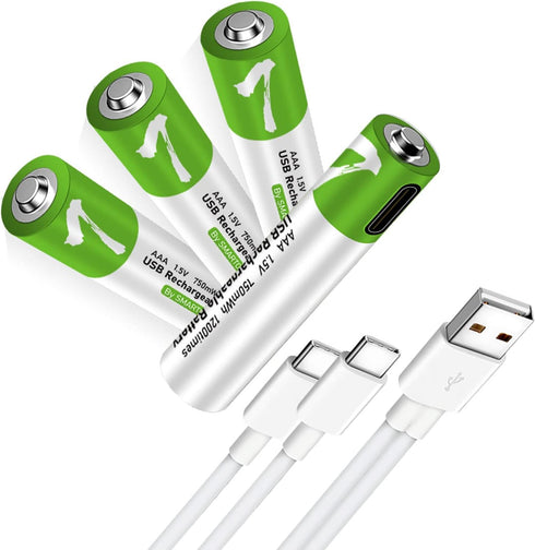 4 Pack AAA Battery,Rechargeable AAA Batteries, Lithium-ion Triple A Batteries 750mwh,1.5V Battery with 4 in1 USB Type C Port Cable Charger...