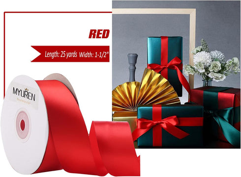 1-1/2" Wide Double Faced Red Polyester Satin Ribbon for Crafts, Wedding, Gift Wrapping, Bow Making,Party Decoration, Christmas Tree Deco (25 Yards...