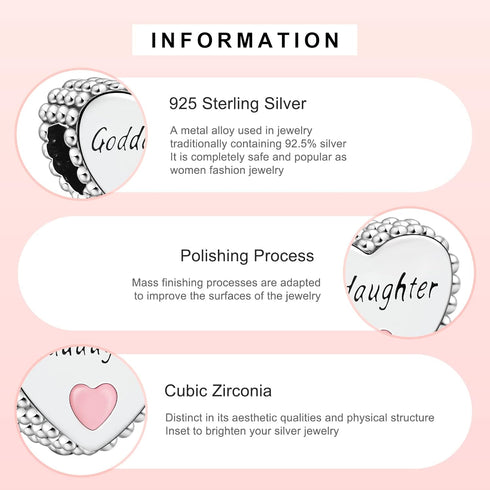 Goddaughter Heart Charms 925 Sterling Silver Bead with Pink Enamel for Bracelets...