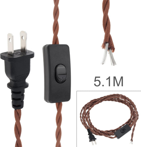 RTNLIT 16.4Ft Twisted Cloth Covered Lamp Cord with Switch Button and Molded Plug,18-Gauge Fabric Electrical Cord, Stripped Ends Ready for Wiring(5...