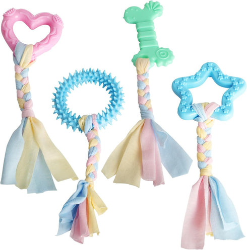 4 PCS Chew Toys for Teething, Soft Rubber Puppy Chew Toys, Puppy Teething Ring, Rope Dog Toys, Funny Interactive Toy for 2-8 Months Teething Small...