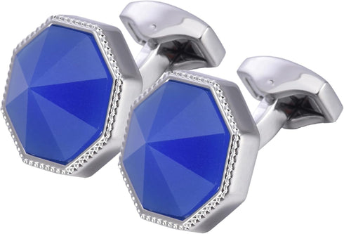 Octagon Blue Gemstone Men's Cufflinks In Gift Case Silver Tone Crystal Cufflinks for Men for Wedding Party Business Birthday Anniversary Dress...