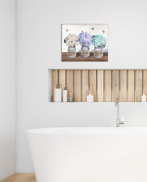 Hydrangea Wall Art Bedroom Decor: Relax Soak Unwind Wall Art Floral Paintings Aqua Flower Pictures Wall Decor Modern Farmhouse Style Butterfly Pri...