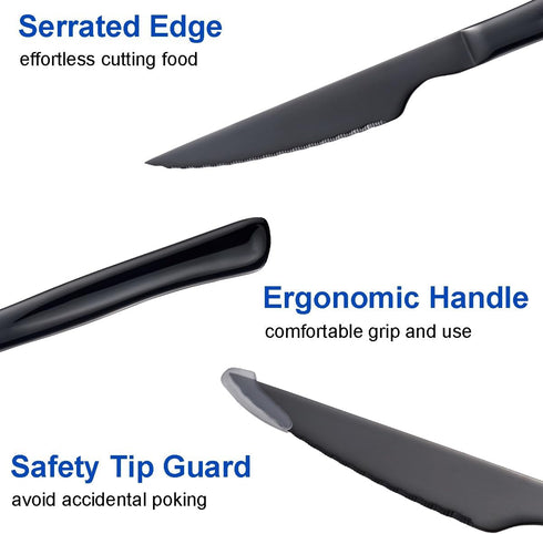 Black Steak Knife Set, 6 Piece Stainless Steel Kitchen Knife Set & Kitchen Utility Knives, 8.7 Inch Serrated Steak Knives, Dinner Knives, Sharp Kn...