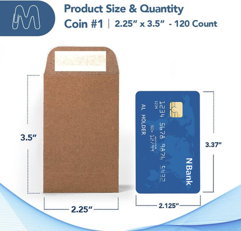 MOS #1 Coin Envelopes – 2-1/4" x 3-1/2" Brown Self-Seal Coin Envelopes #1 (120 Count) – Savings Challenge, Money Envelopes for Cash, Cash Envelope...