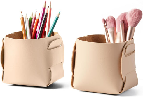HOMIEAZICOZI 2-Pack Cork Leather Makeup Brush Holder Organizer - Desk Accessories Storage - Pencil Pen Holder - Stylish Addition to Home Decor (Ap...