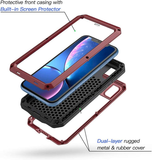Lanhiem iPhone XR Metal Case, Heavy Duty Shockproof Case with Built-in Glass Screen Protector, Rugged Full Body Protective Cover for iPhone XR, Re...