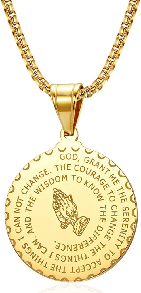 Serenity Prayer Necklace with Praying Hands Coin Pendant for Men Women Lords Prayer Bible Verse Courage Wisdom Stainless Steel 24 inches...
