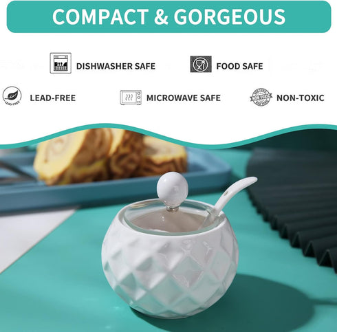 Ceramic Sugar Bowl, Kitchenexus Modern Porcelain Sugar Bowl with Glass Clear Lid and Spoon 8.8oz/250ml in White Rhombus Shape, Suit for Coffee Bar...