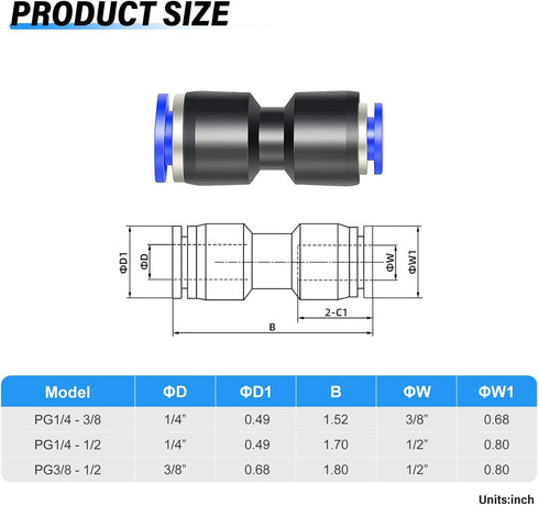 TAILONZ PNEUMATIC Blue Straight Reducing 1/2" Tube OD x 3/8" Tube OD Tube OD Push to Connect Tube Fittings Push Lock PG1/2-3/8 (Pack of 10)...