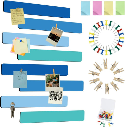 8Pcs Sea Blue Cork Board Bar Strips with 50 Pushpins & 10 Wooden Clip Pushpins, Self-Adhesive Bulletin Board Strips for Wall, Felt Pin Board for S...