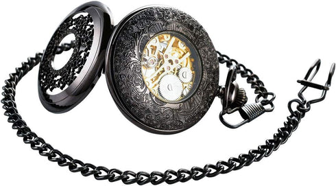 BOSHIYA Vintage Mechanical Pocket Watches for Men Luminous Steampunk Pocket Watch with Chain Black Skeleton Dial Roman Numberals Pocketwatch Gifts...