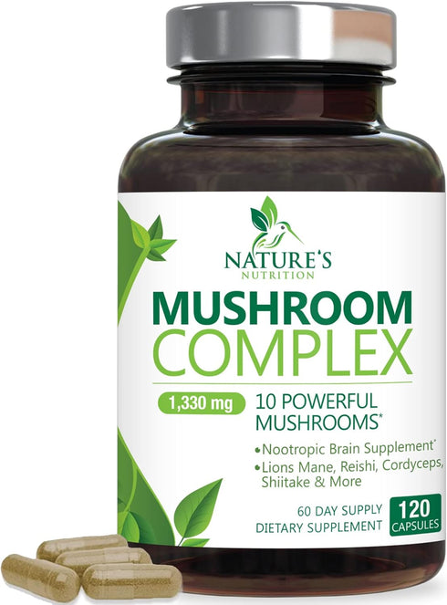 Mushroom Supplement - 10 Mushroom Complex Blend - Lions Mane, Reishi, Turkey Tail, Chaga, Cordyceps, Shiitake, Maitake - Nootropic Brain Supplemen...