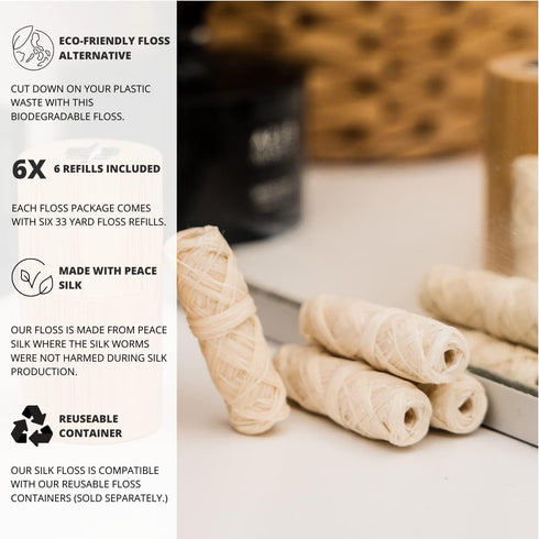 Biodegradable Silk Dental Floss Refill - Six Pack - Organic Natural Dental Floss, Refillable, Compostable Peace Silk Dental Floss Refills - 6 x 33...